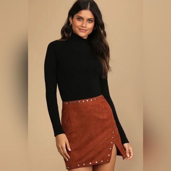 Lulus Dresses & Skirts - Lulu's Fall For It Brown Suede Studded Mini Skirt
